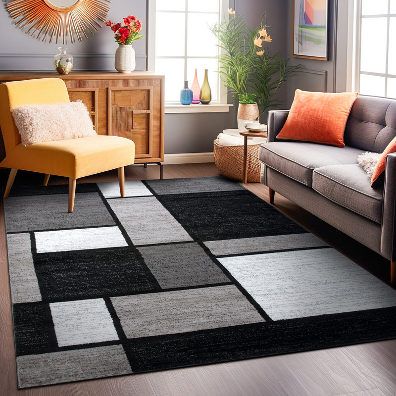 Astika Woven Geometric Gray/White/Black Area Rug – Modern Rectangles Polypropylene Carpet for Living Room, Bedroom, or Office
