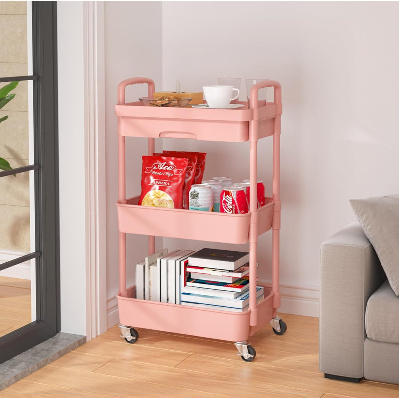 Pink Metal 3-Tier Rolling Utility Cart with Drawer
