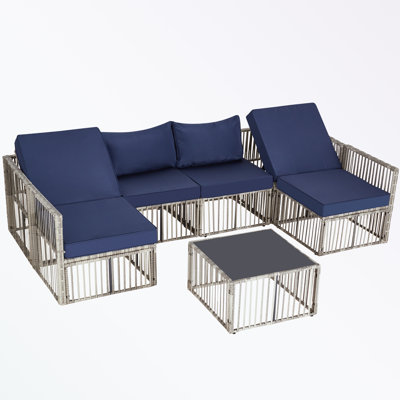 Ensemble de patio 7 pièces en osier avec coussins moelleux et table basse carrée