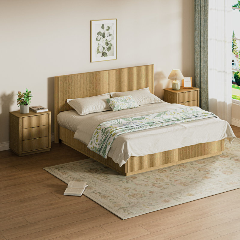 Bed Frame with LED Lights, Modern Wooden Corrugated Curved Lines, Convex Groove Board Design, King, Oak