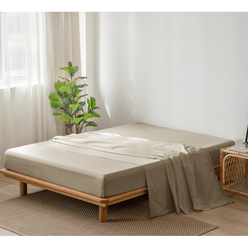 MooMee Flat Sheet 100% Washed Cotton Linen Like Textured Breathable Lightweight, Mocha Brown, Queen Flat Sheet