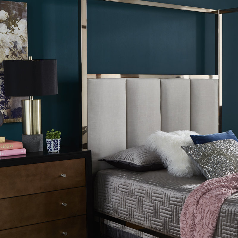 Jenin Upholstered Metal Canopy Bed, Queen, Champagne Gold/White