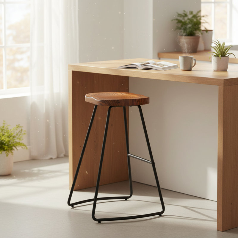 26 Inch Barstool Chair for Kitchen Island, Rustic Saddle, Seat Backless Stools with Metal Leg, Brown