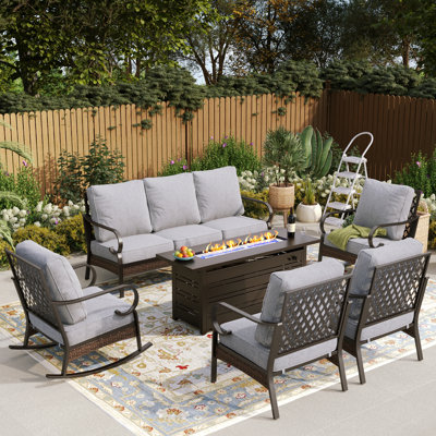 7 Person Outdoor Patio Seating Set With 2 Rocking Lounge Chairs & Fire Pit Table