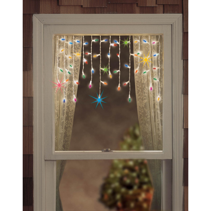 Christmas LED Twinkle Window Icicle Lights - 3-Ft, 8 Of 50 Bulbs Twinkle Random - 50 LED Multicolor Bulbs - Indoor Outdoor - Twinkling Icicle Christmas Lights