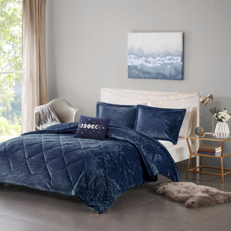 Ensemble d'édredon en velours bleu marine pour luxe moderne