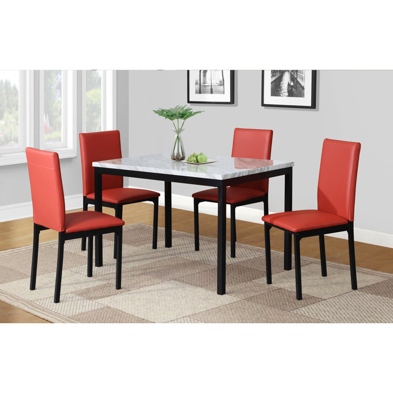 5-Piece Metal Dinette Set With Laminated Faux Marble Top, 4 Chairs, Red/Black, 30"H x 45"L x 28.5"W, White/Black