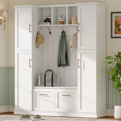 Élégant portemanteau avec 4 armoires latérales, mobilier de vestibule tout-en-un avec tablettes réglables et casiers ouverts, banc d'entrée en porte-baguettes avec portemanteau et 5 crochets pour le couloir, blanc