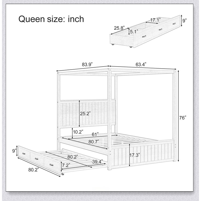 Modern Canopy Platform Bed With Trundle And Three Storage Drawers,4-Post Solid Wood Bed Frame With Headboard,No Box Spring Needed