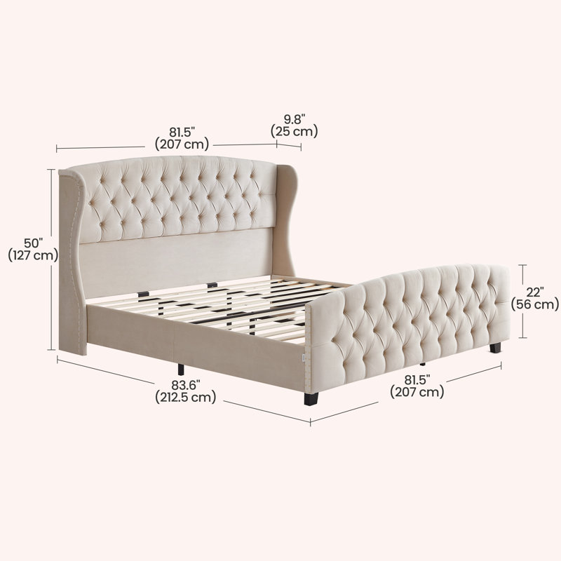 Elegant Traditional Beige Tufted  Upholstered Platform Bed Frame Wingback Headboard Included