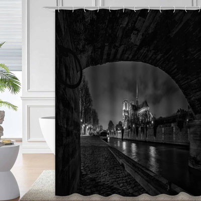 Paris Cathedral Night White Black Shower Curtain with 12 Hooks