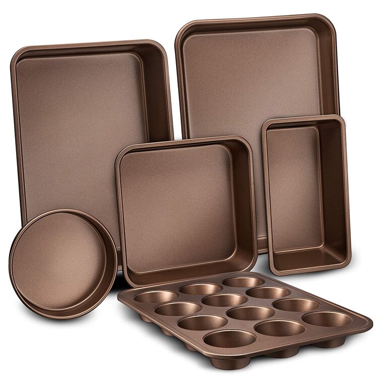 JoyTable Nonstick Bakeware Set - 15 PC Baking Tray Set With Silicone  Handles & Utensils - Oven Safe & Carbon Steel Cookie Sheets, Brown