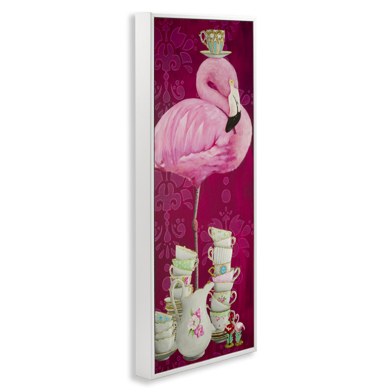 Flamant rose avec tasses à thé giclées, Estampe numérique encadrée blanc bord de mer, H 30 po x l 13 po