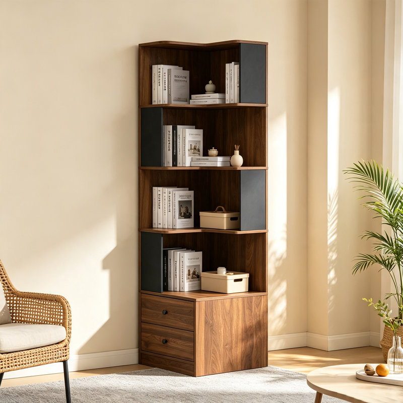 Bibliothèque d'angle en L avec tiroirs, éclairage à DEL et tablettes de rangement