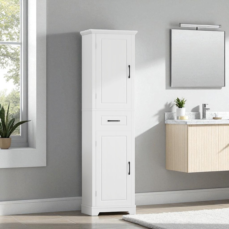 Grande armoire de rangement blanche pour salle de bain - Organisateur autoportant avec 2 portes, tablettes réglables, tiroir et rangement de porte