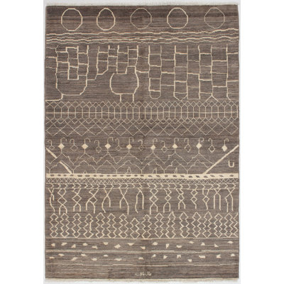 Tapis gris en laine noué à la main de conception unique 6 pi 2 po x 8 pi 9 po Grogan