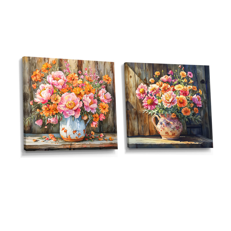 Coucher de soleil pivoines assorties - Bouquets assortis - art mural traditionnel sur toile, 2 pièces, Ne s’applique pas