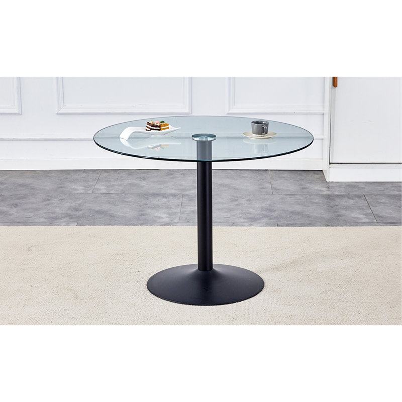 Table de salle à manger ronde 42 "en verre trempé transparent - support et base en métal noir. Convient aux restaurants