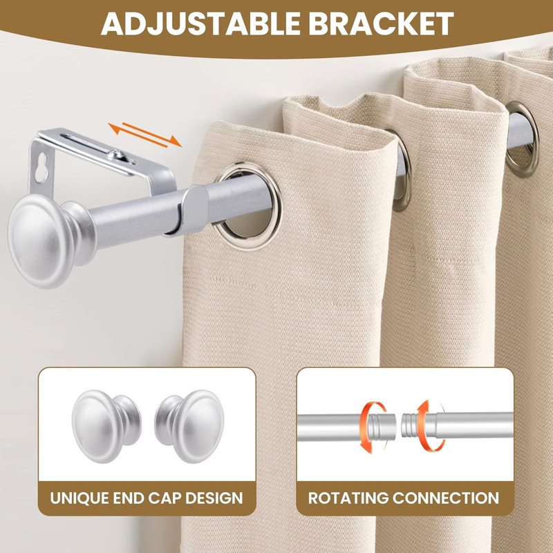 Curtain Pole With Brackets And End Caps,67-187 Cm ,Adjustable Length Curtain Poles, Silver