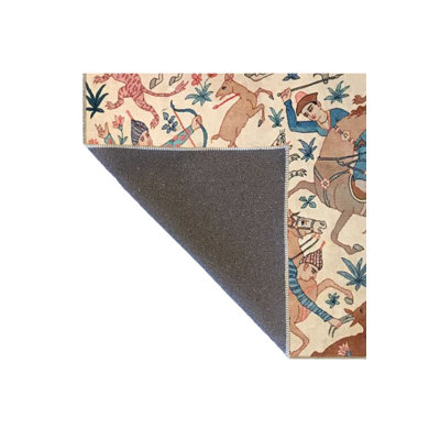 Cream Toned Tree and Animal Patterned Woven Base Machine Washable Rug
