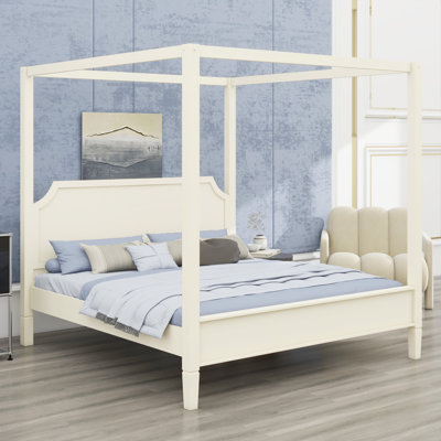 Platform Bed with Four-Poster Canopy, Headboard, and Durable Support Legs