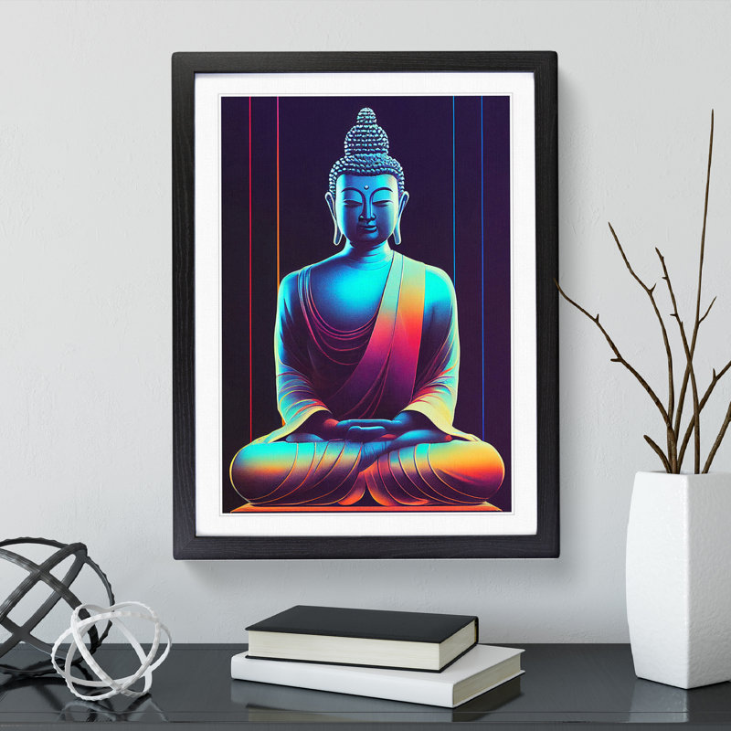 Buddha In Neon - Print, 66cm H x 48cm W x 2cm D, Black Framed, White