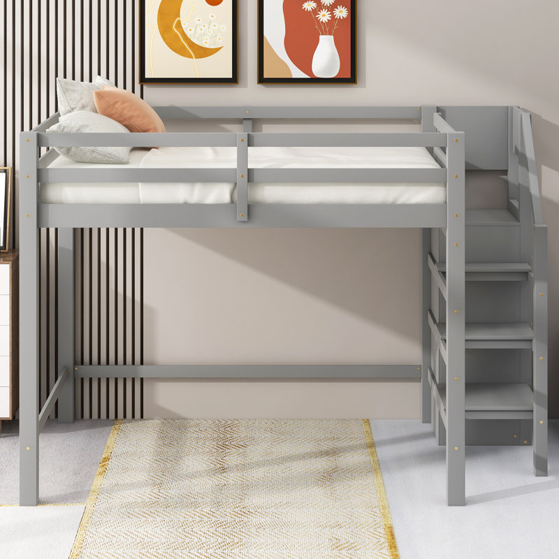 Lit mezzanine double avec garde-robe et escalier de rangement intégrés, gris