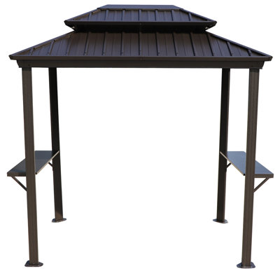 Kozyard 6' x 8' BBQ Hardtop Grill Gazebo, Outdoor Barbecue Shelter with Double Galvanized Metal Roof, Aluminum BBQ Gazebo with 2 Side Shelves for Outdoor Grilling Station Brown