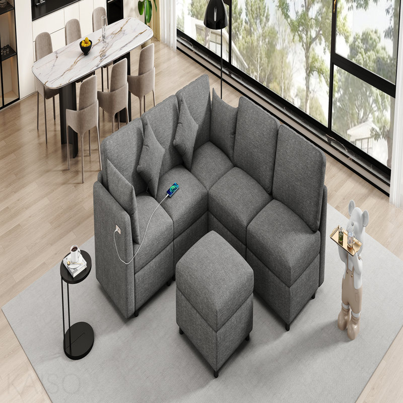 86,6 po Canapé modulaire Canapé modulaire en U Canapé-lit Canapé-lit en L avec repose-pieds mobile et deux ports USB pour le salon, gris