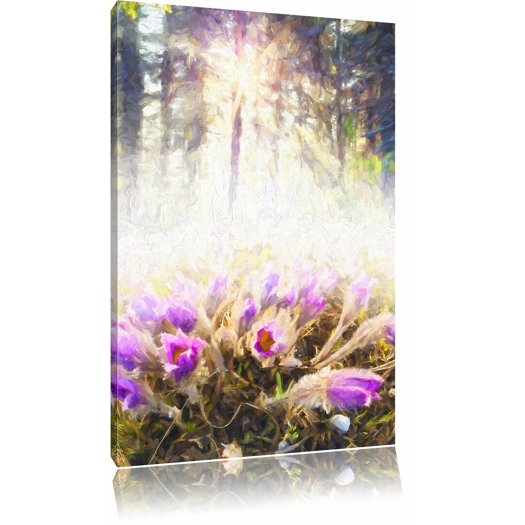 Leinwandbild "Blühende lila Blumen im Wald", Grafikdruck