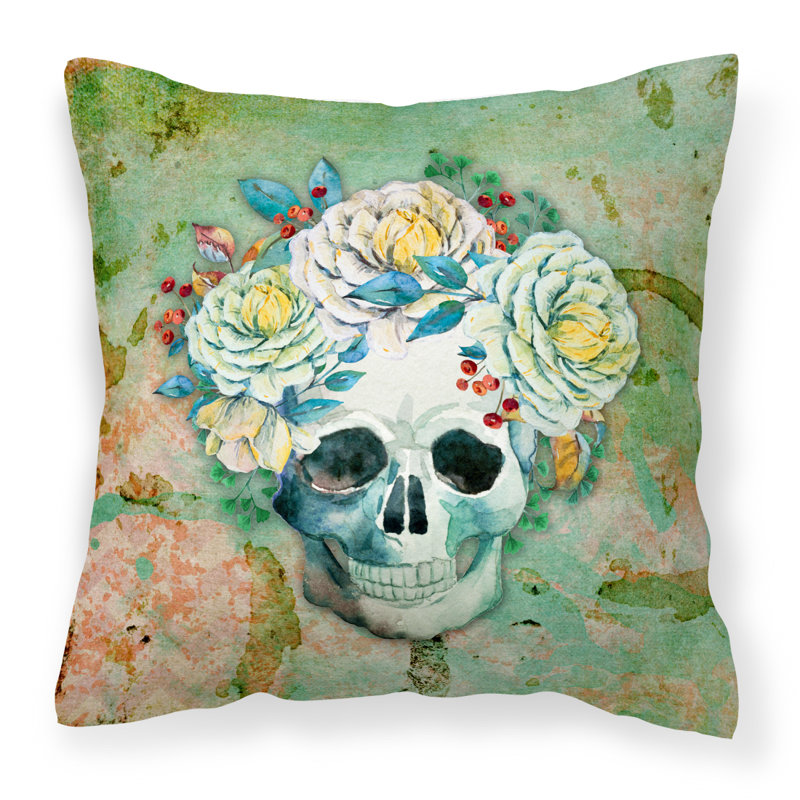 Coussin intérieur/extérieur crâne avec fleurs, 18 po x 18 po