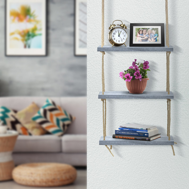 Sorbus Wood Hanging Floating Shelf Swing Rope 3-Tier, Gray Wood