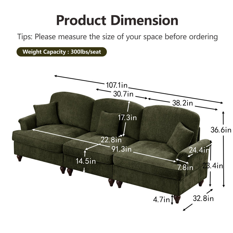Sofa, Cloud Couch Sectional Sofa, Chenille Sofa, 36.6" H x 107.1" W x 32.8" D, Green