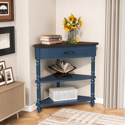 Small Space Utilizing 33.8'' 3 Tier Triangle Corner Table With Solid Wood Legs, Navy Blue Finish, Waterproof Tabletop, Safe Rounded Design, Hidden Screws For Style And Top Ideal Spaces In Corridors