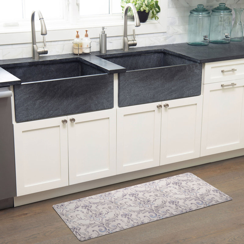 Cream and Blue Watercolor Damask Anti-Fatigue Kitchen Mat