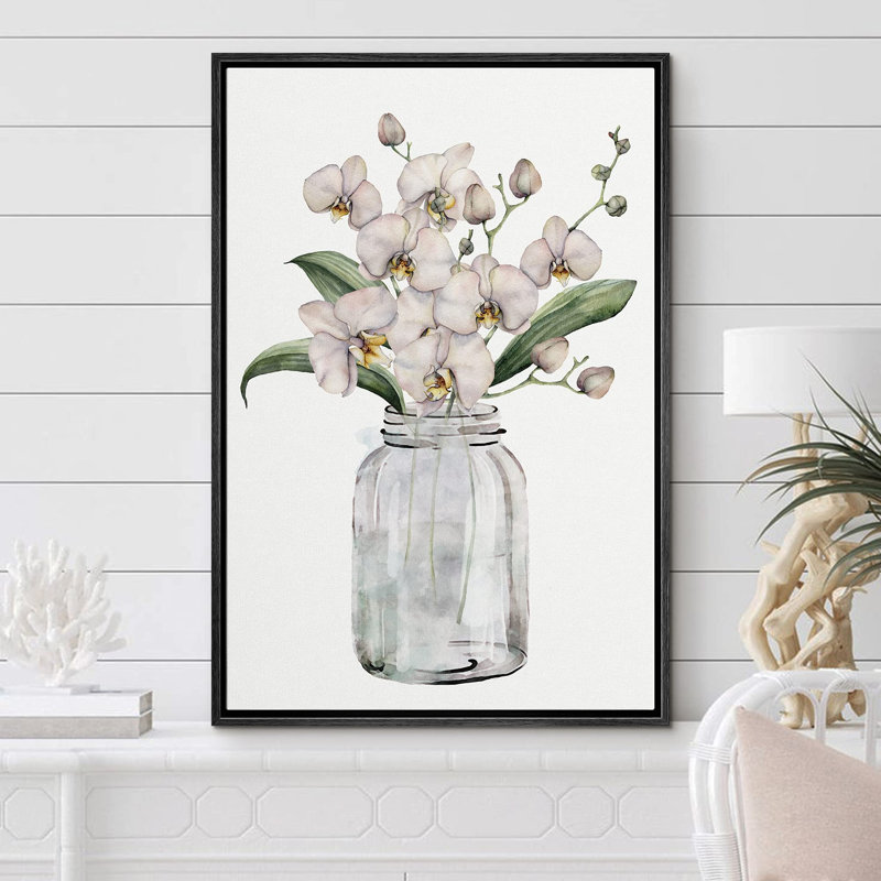 White Lotus Flowers in Glass Mason Jar Floral Plants Watercolor Modern Art Rustic Pastel, Black, 24" H x 16" W