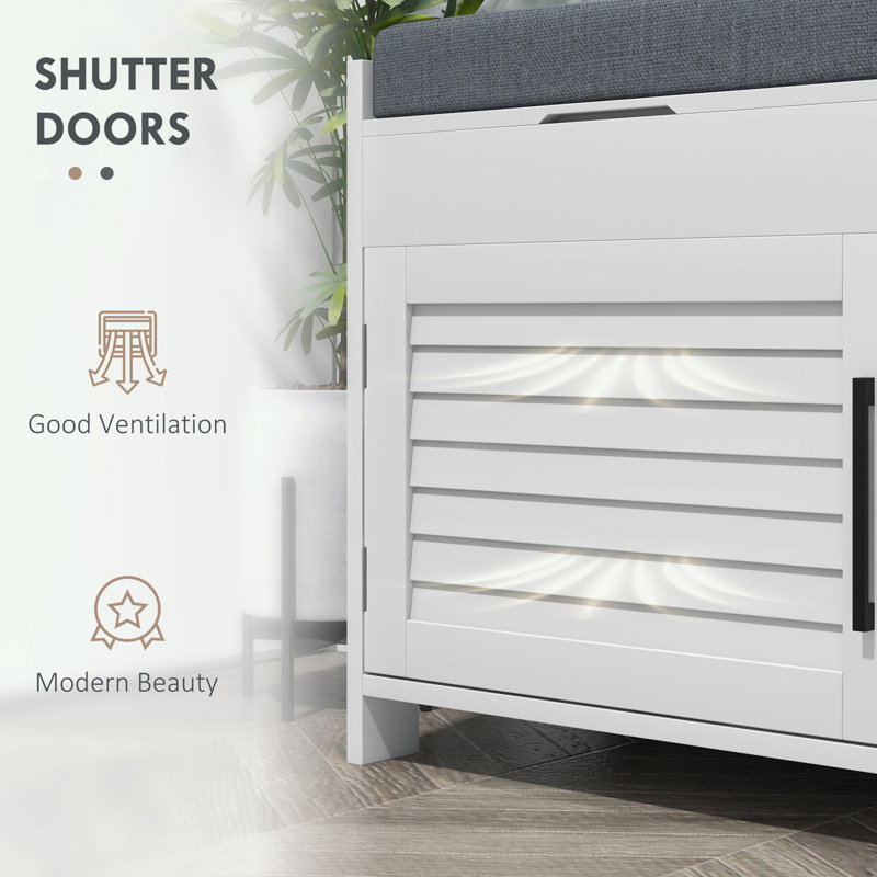 White Entryway Shoe Storage Bench with Gray Cushion and Shutter Doors