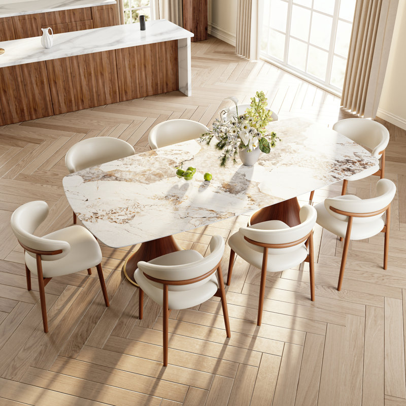 Ensemble de table de salle à manger 5 pi / 7 pièces rectangulaire, ensemble de table de salle à manger à double piédestal en bois massif avec chaises rembourrées