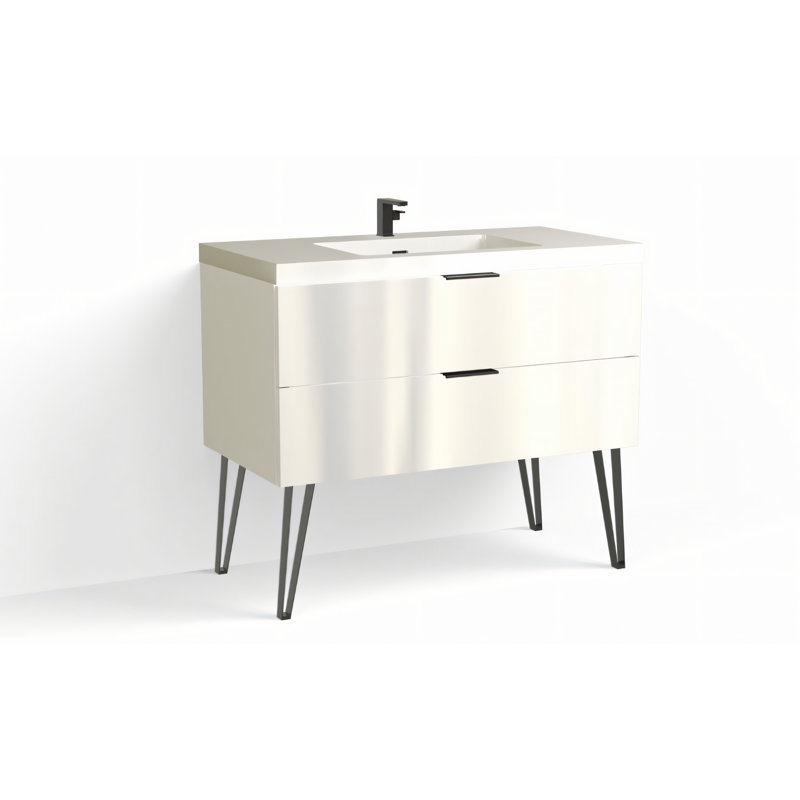 Avila 42" W Freestanding Single Bathroom Vanity with Dawson Leg, Gloss White/Single, Matte Black, White Acrylic