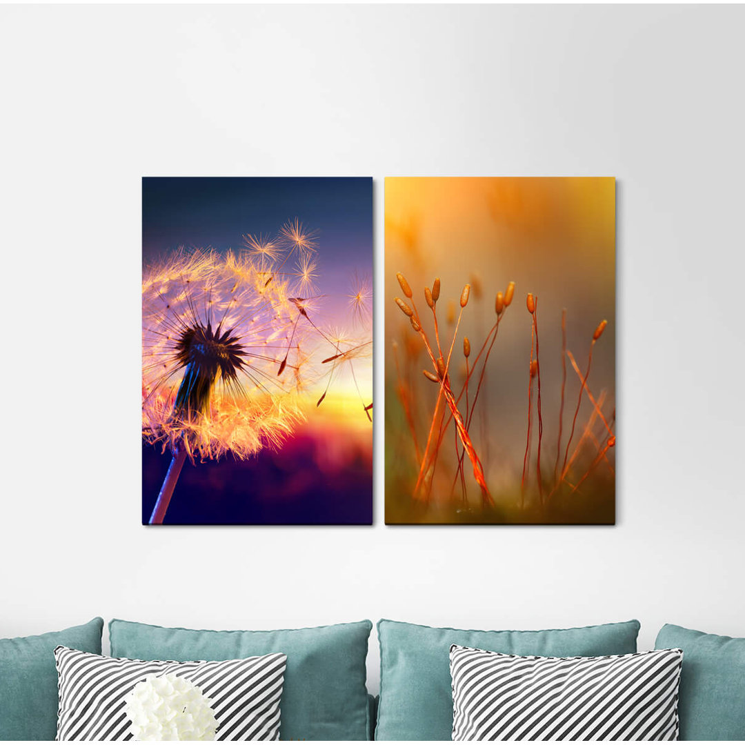 2-tlg. Leinwandbilder-Set - Grafikdruck „Blowball Summer Red Buds Warm Soft Sunset”