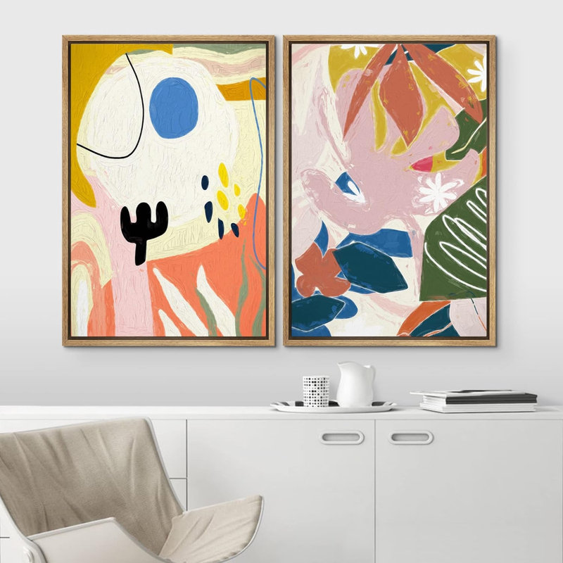 Illustration de formes abstraites de jardin de fleurs Mid-Century, Naturel, H 24 po x l 32 po