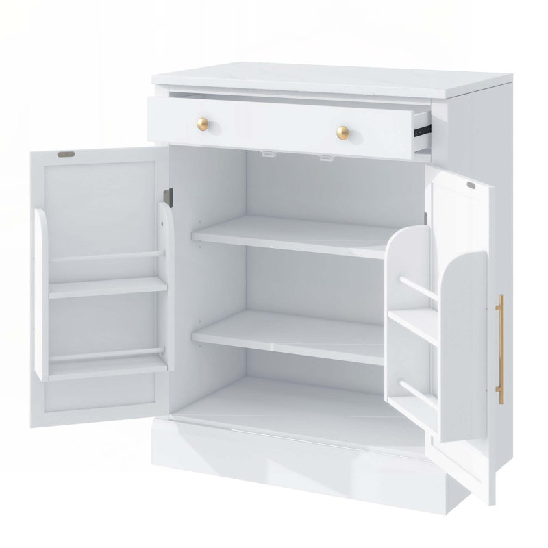Armoire à café avec tiroir, 2 tablettes réglables et 2 tablettes de porte pour la salle à manger et la cuisine, Blanc, Doré