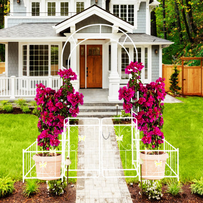 Metal Garden Arch With Gate 79.5'' Wide X 86.6'' High Climbing Plants Support Rose Arch Outdoor Cream