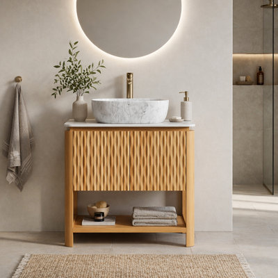 30" Bathroom Vanity&Sink, Freestanding Plywood Bathroom Storage Cabinet with 2 Bamboo Texture Doors&Open Shelf, Marble Pattern Ceramic Basin&Carrara White Sintered Stone Top