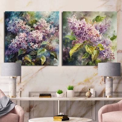 Mauve, vert, beaux lilas - lilas floraux, ensemble de 2 carrés
