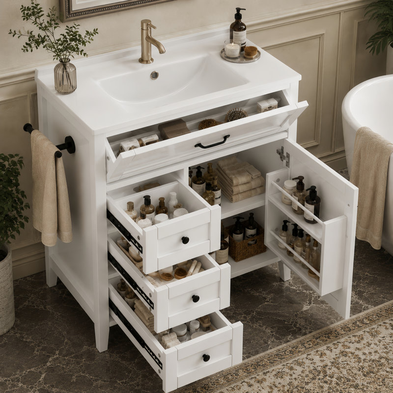 Meuble-lavabo de cuisine sur pied 30 po avec lavabo et tiroirs en céramique