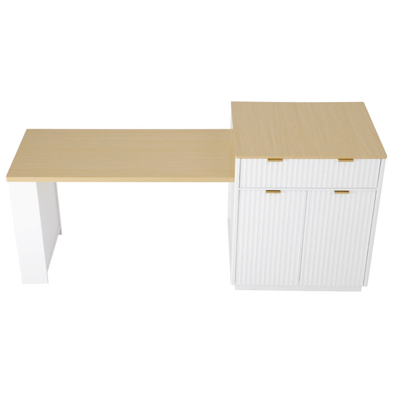 82.6" Fluted Kitchen Island with Extendable Dining Table for 4-6, Island Table for Kitchen with Power Outlet, Kitchen Table with Double-Side Storage, 2 Drawers 2 Side Open Shelves