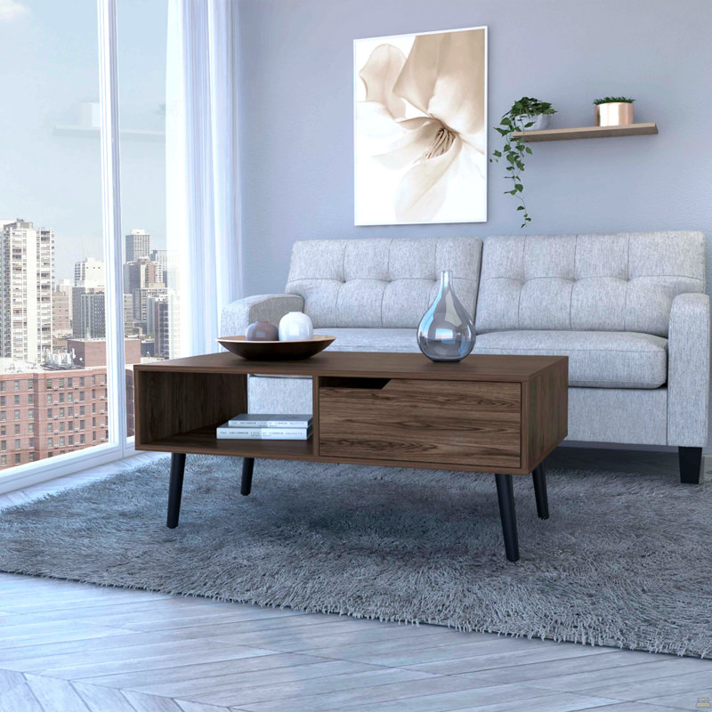 Table basse Bull, un tiroir, une tablette ouverte, quatre pieds