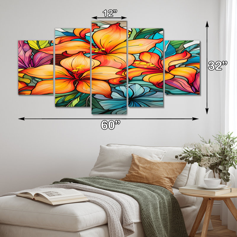«Vibrantly Happy Blossoming Tropical Flowers II», reproduction d'art sur toile - 5 panneaux