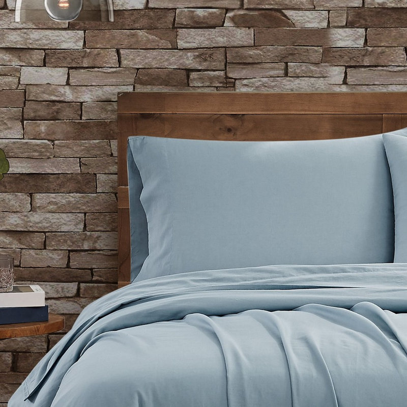 FRYE Cotton Linen Blend Sheet Set, Light Blue, King Sheet Set + Fitted Sheet + 2 Pillowcases